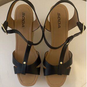 SODA Womens Black Ankle Strap Platform Wedge Espadrille Sandals